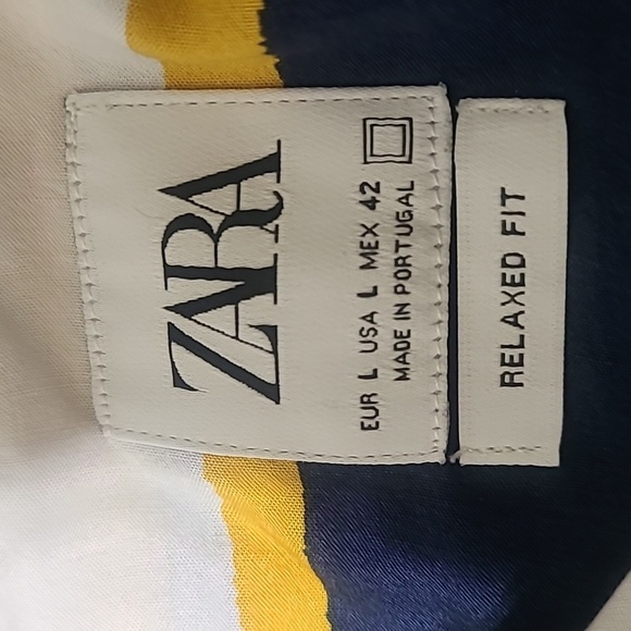 ZARA Men's Navy, Yellow & White Striped Button Up Short Sleeve Shirt - Sz Large - Picture 8 of 10